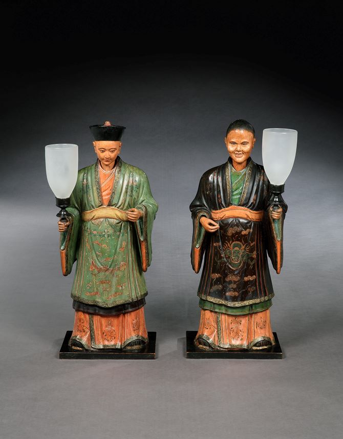 A PAIR OF REGENCY POLYCHROME DECORATED FIGURES OF A MANDARIN AND HIS CONSORT MOUNTED WITH LAMPS | MasterArt